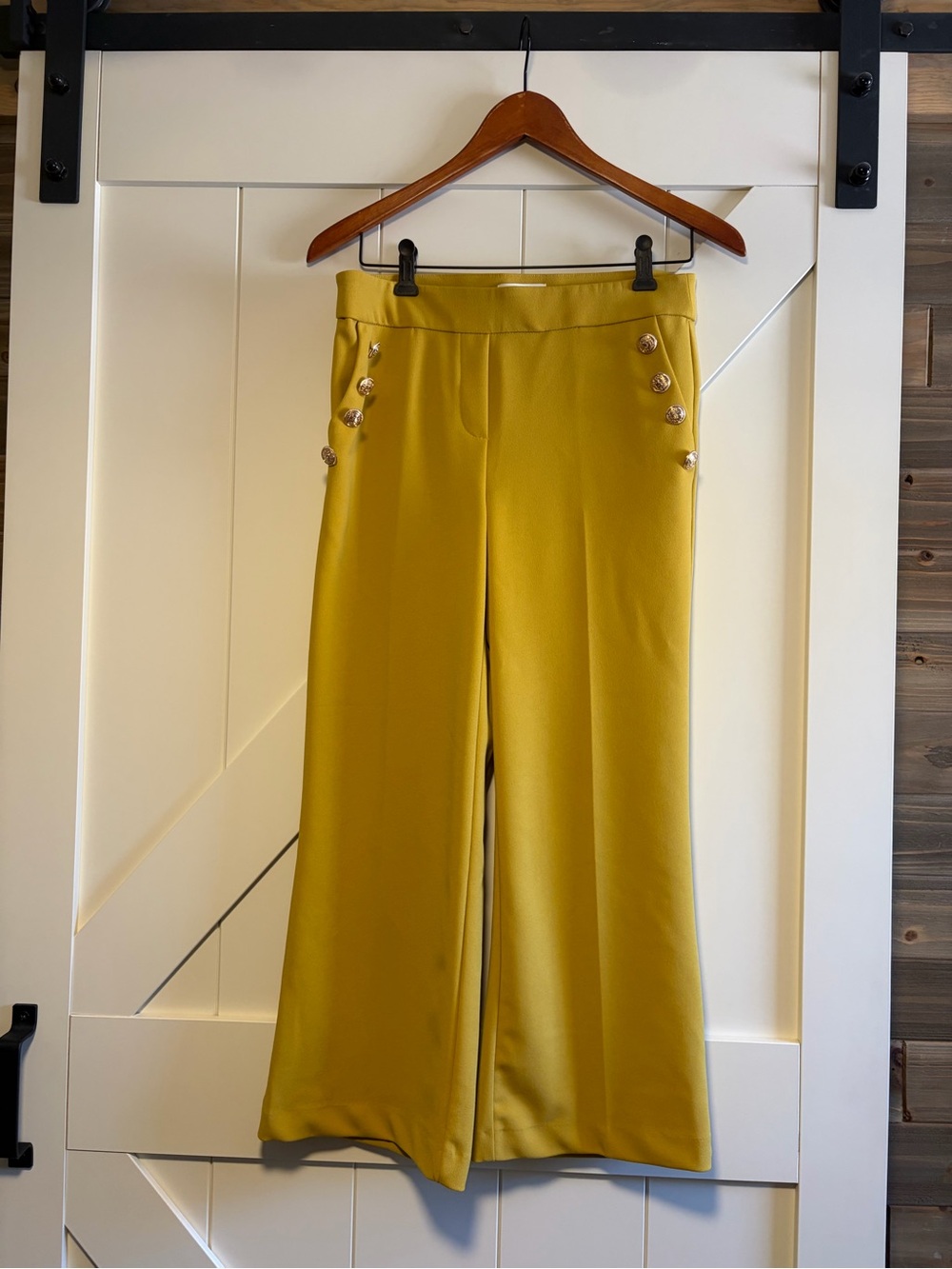 High-Rise Wide-Leg Pants with Gold Button Detail — Yellow